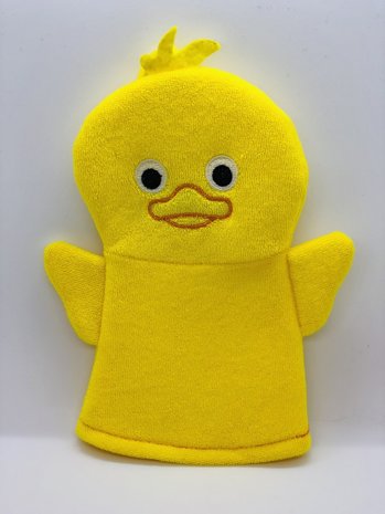 In bad gaan is een feest met deze washand eend. De mooie geel-oranje  eend wast je helemaal schoon. Ook leuk voor in de poppenk
